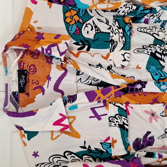 Milk and Honey rayon button-up v-neck blouse top - S - bird woman abstract print - Picture 2 of 9